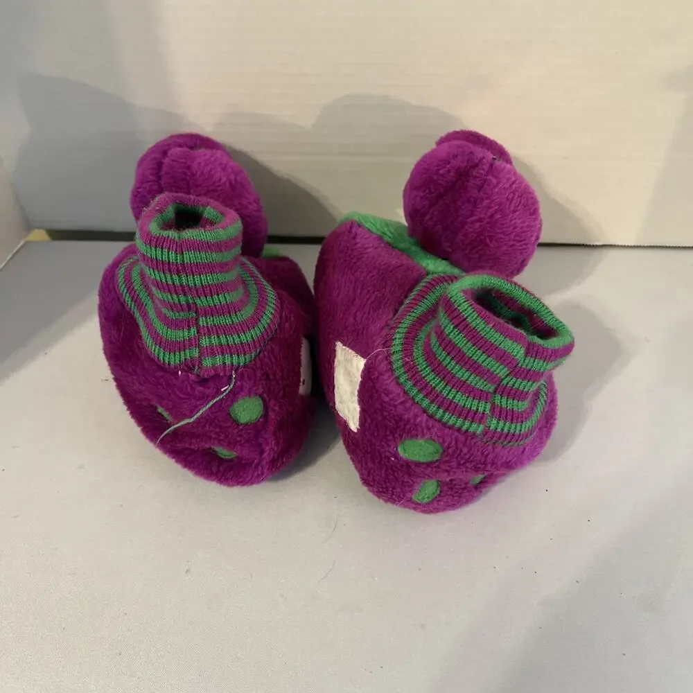 Vintage Barney Dinosaur Plush Slippers Purple Green Kids XL 11–12 1993